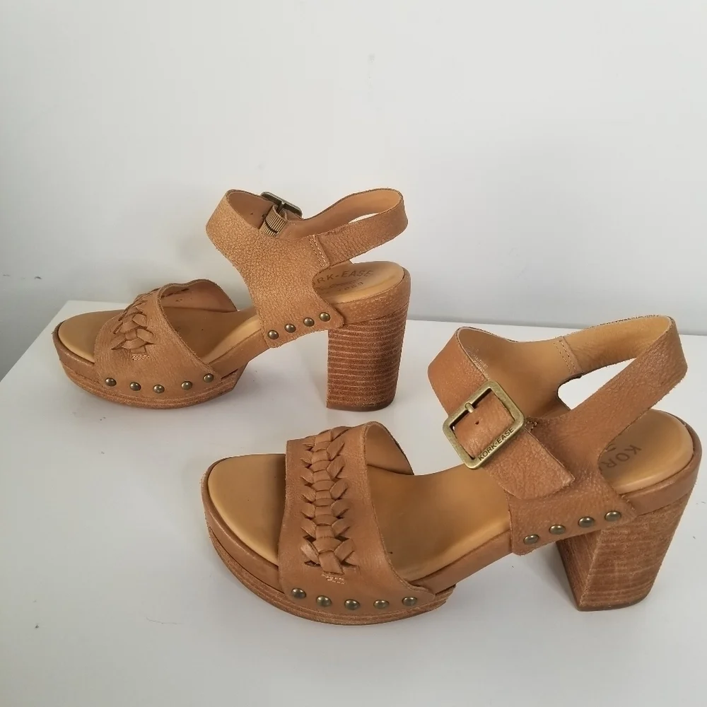 Kork-Ease Passilla Block Heel Platform Leather Sandals Size 7 Tan Studded